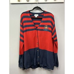Jennifer Moore Cardigan Sweater Womens XL Red Striped V Neck Button Embroidered